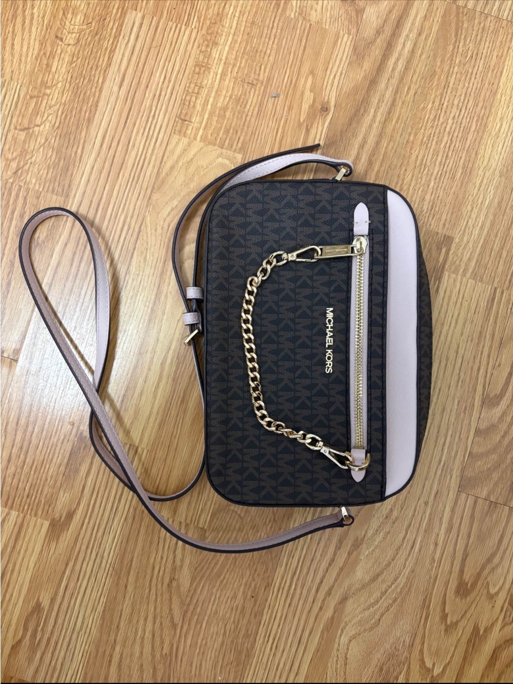 Michael Kors Brown MK Logo Crossbody with Pale Pink Trim and Gold Accent